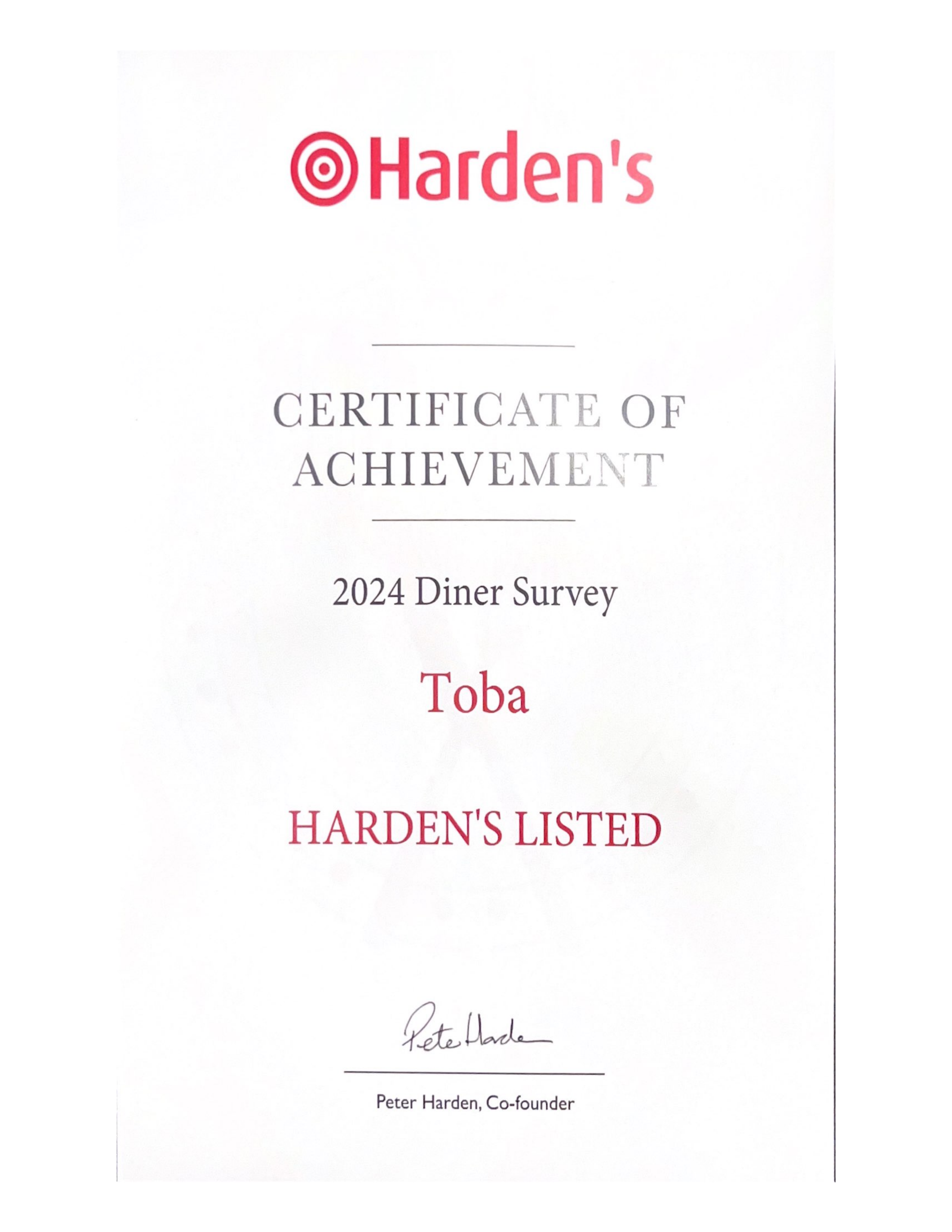 Toba Harden's Certificate